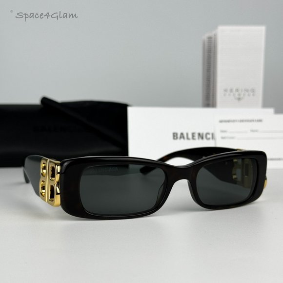 NEW Balenciaga BB0096S 002 Havana Gold Logo Green Rectangle Unisex Sunglasses - Picture 3 of 13